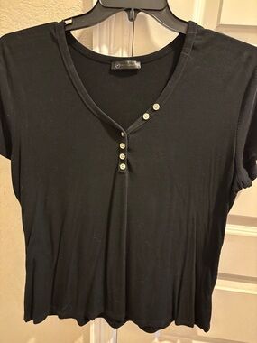 Black Ribbed Short Sleeve Henley Top